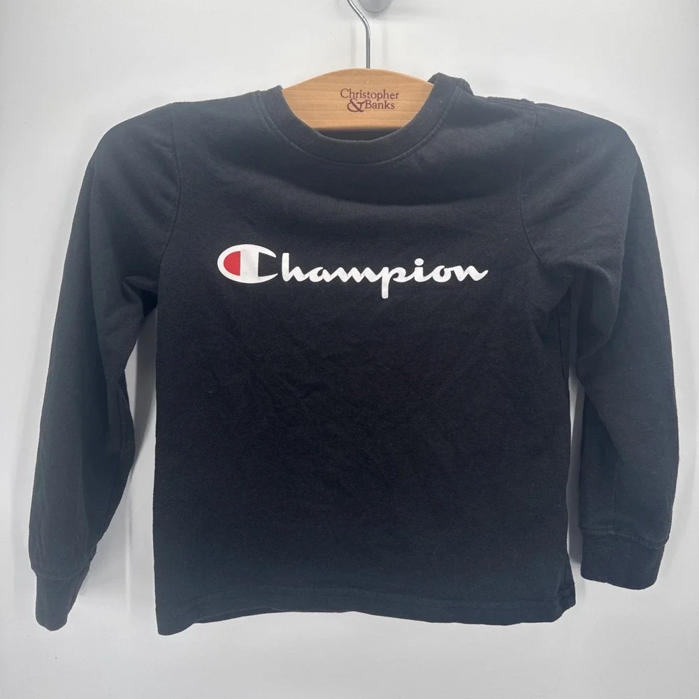 Champion Boys Long Sleeve Logo T-Shirt Black Size 6 Classic Athletic Cotton